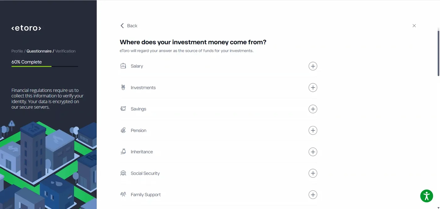 Questionnaire asking where investment money comes from, with plus buttons beside Salary, Savings, Pension, Inheritance and other options, at 60% completion.
