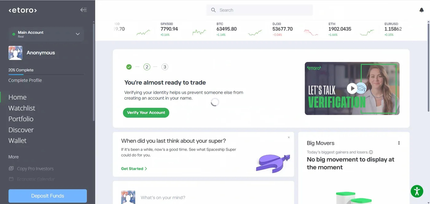 eToro home screen with a verification card, a 20% complete profile tracker, a Big Movers panel and a price ticker across the top.