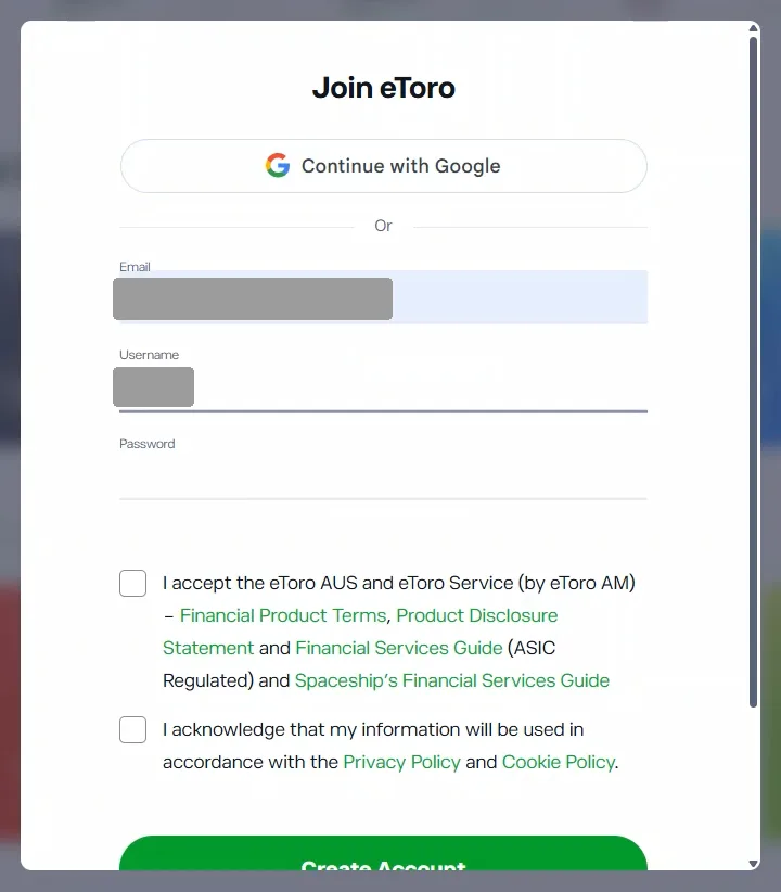 eToro registration card with a Continue with Google button, email, username and password fields, two unticked consent checkboxes and a green Create Account button.