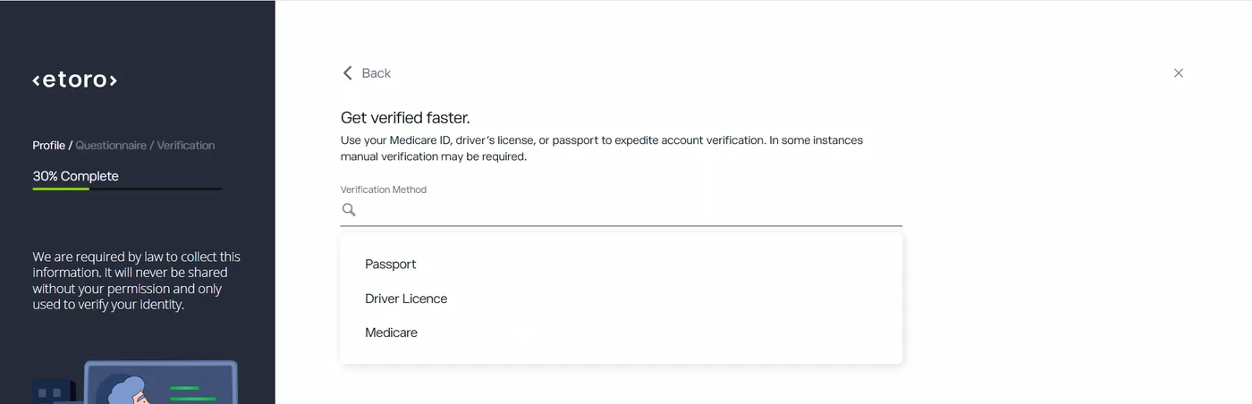 Verification step with a dropdown listing Passport, Driver Licence and Medicare beside a left panel showing 30% profile completion.