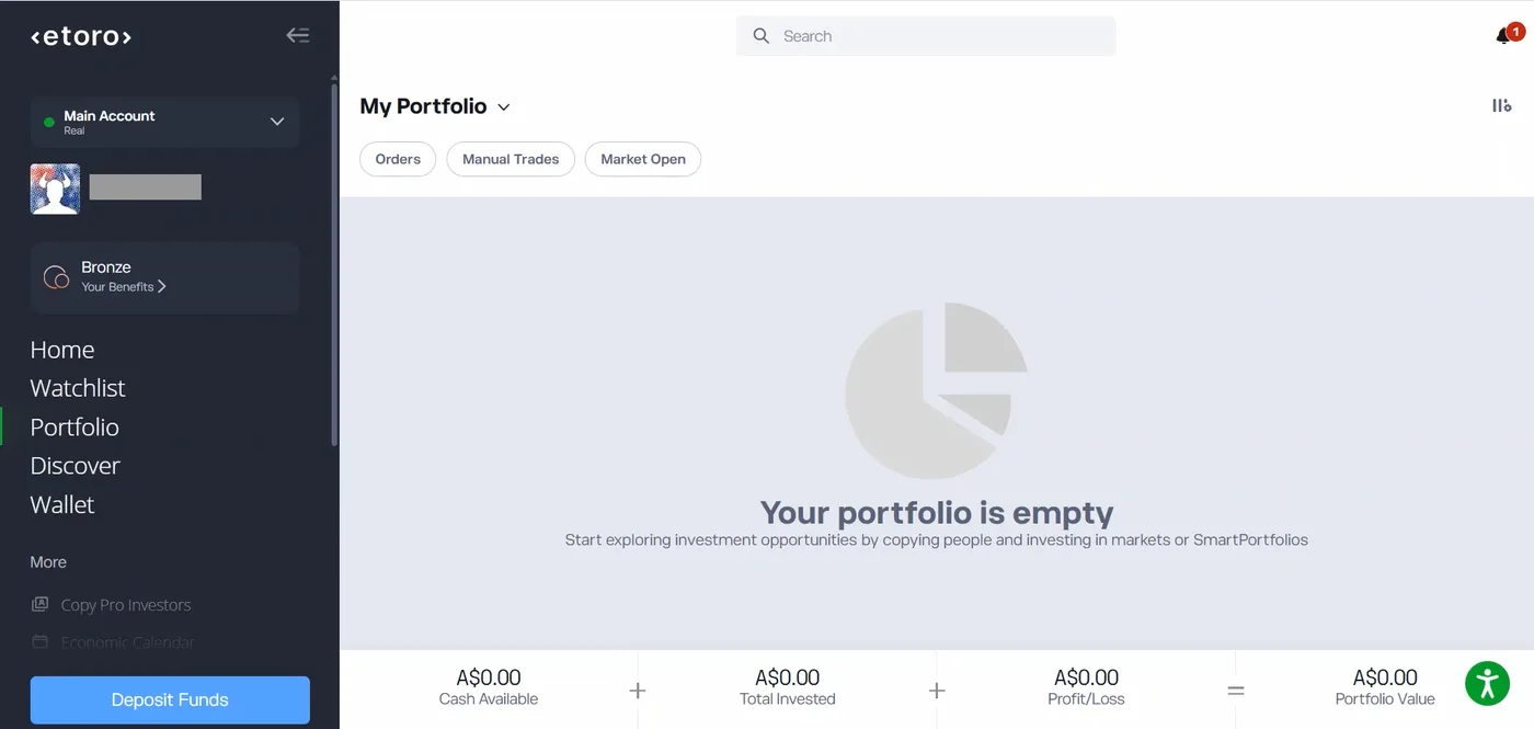 Verified account portfolio page with a grey pie chart, an empty portfolio message, A$0.00 balances and a Deposit Funds button in the sidebar.