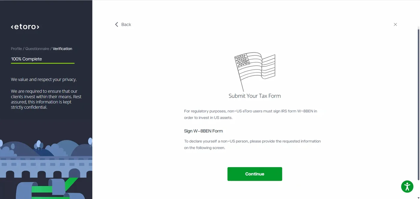 Tax form step with a United States flag, W-8BEN heading and explanation text, beside a left panel showing verification 100% complete.