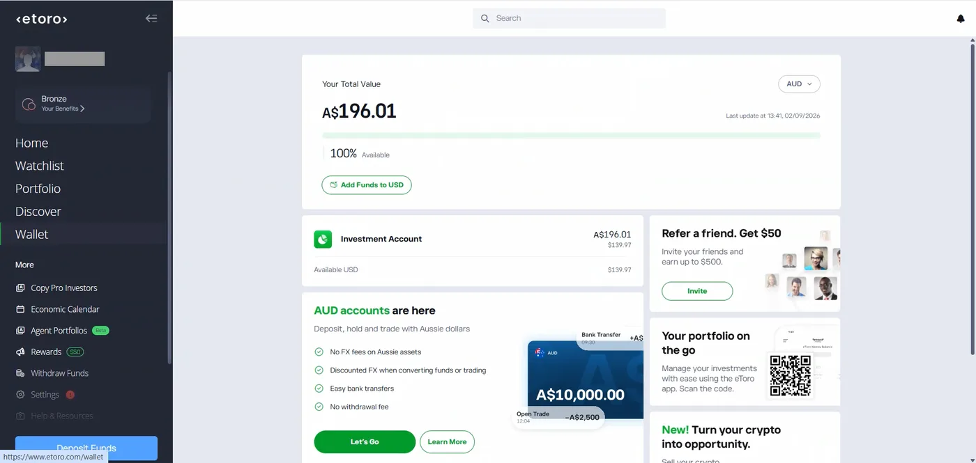Wallet page showing total value A$196.01, an investment account row with $139.97, and an AUD accounts panel with Let's Go and Learn More buttons.