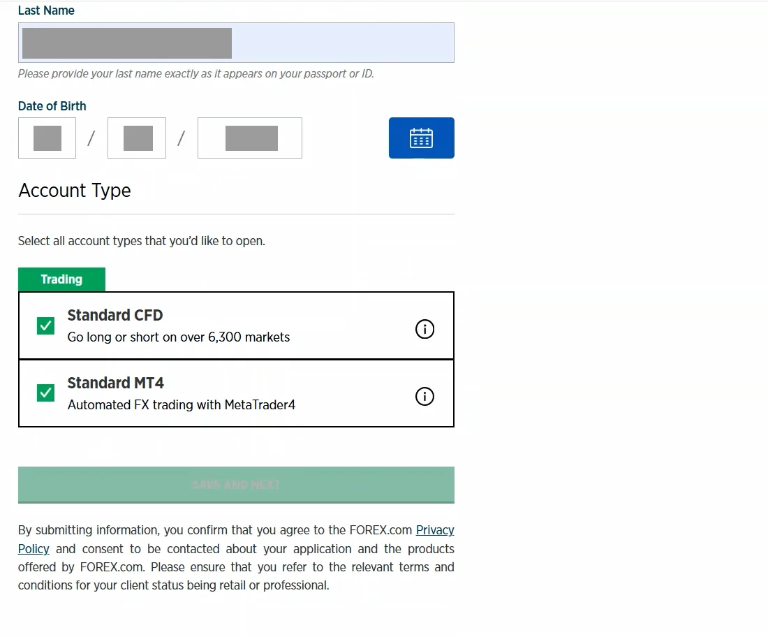 Application page showing covered name and date of birth fields, with Standard CFD and Standard MT4 account types both ticked.