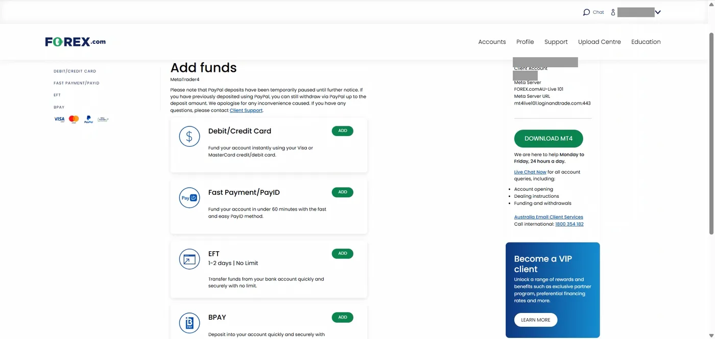 Add funds page listing Debit/Credit Card, Fast Payment/PayID, EFT and BPAY options with a notice about paused PayPal deposits.