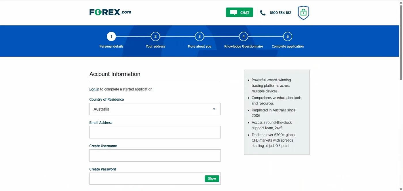 FOREX.com application page with a five-stage progress bar, account information fields for Australia, and a sidebar of broker claims.