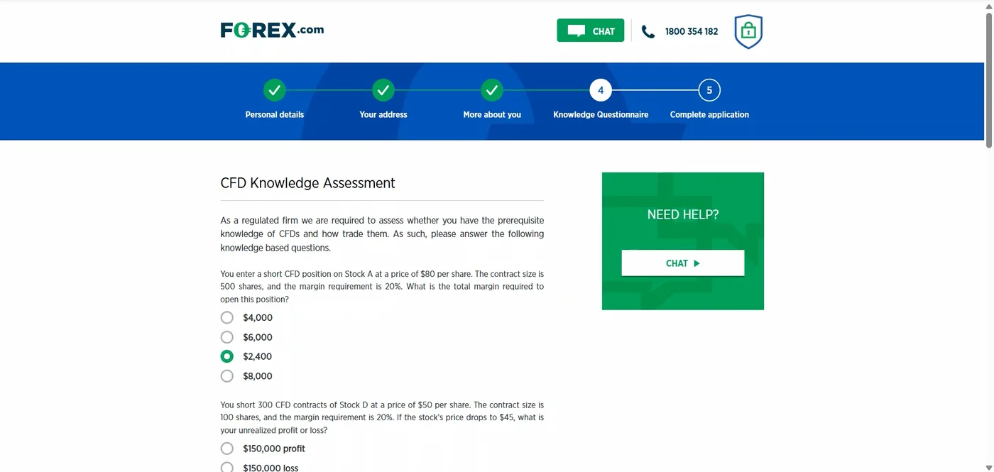 CFD Knowledge Assessment page with two margin questions and dollar answer options, plus a chat help panel.