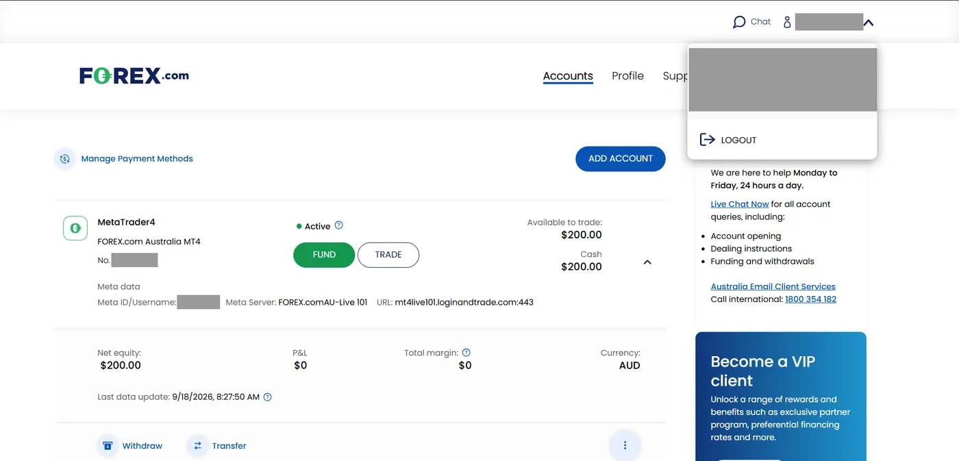 Accounts page showing the Active MetaTrader4 card with $200.00 available to trade and $200.00 cash balance.