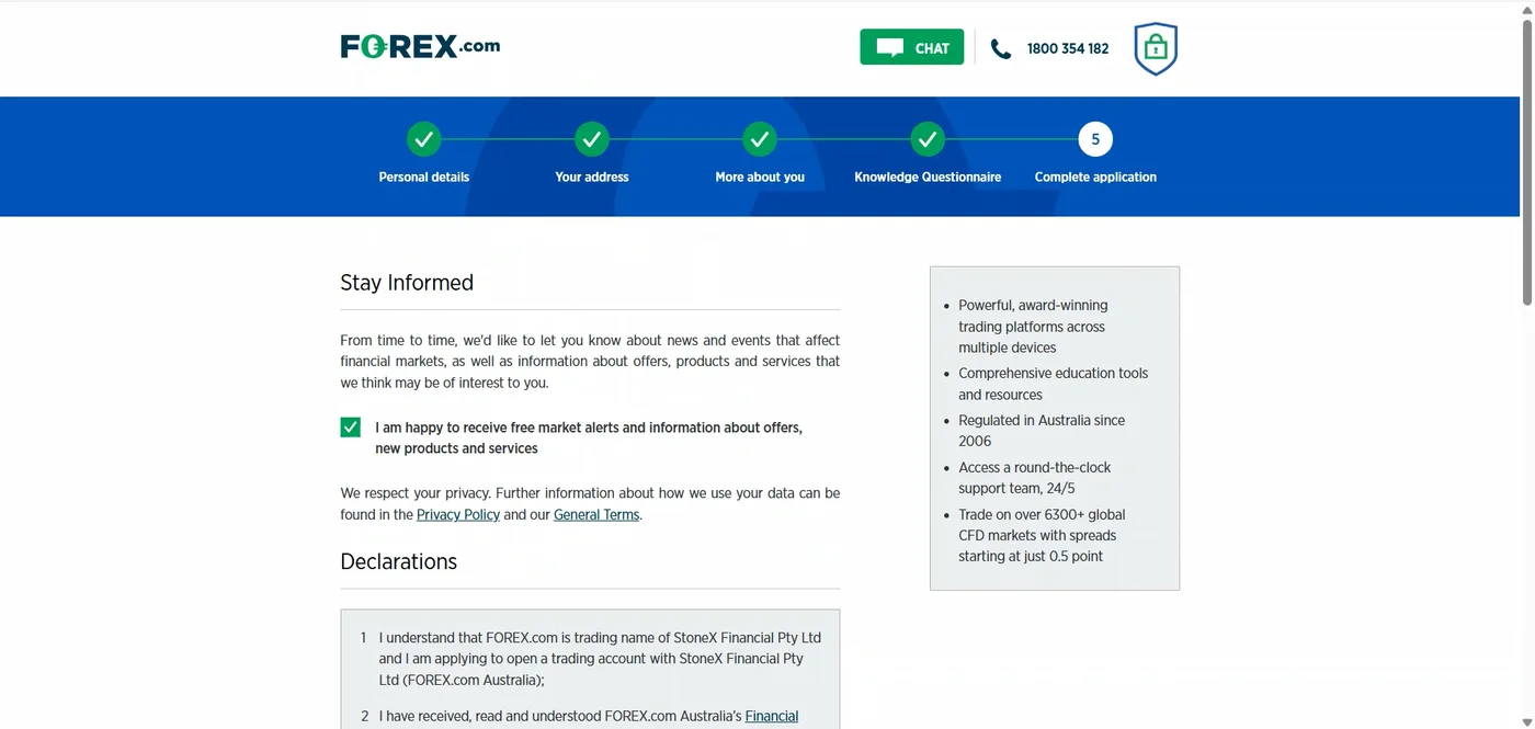Complete application stage showing declarations naming StoneX Financial Pty Ltd and a ticked market alerts checkbox.