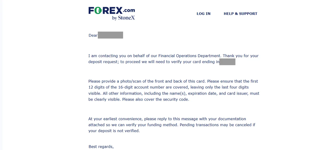 Email from FOREX.com by StoneX requesting front and back photos of the deposit card for verification purposes.