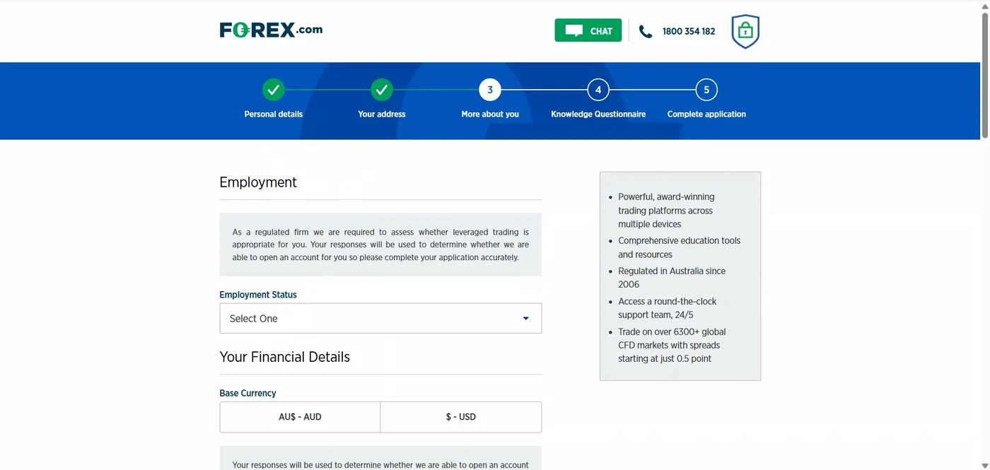 More about you stage showing an appropriateness notice, employment status selector, and AUD and USD base currency tiles.