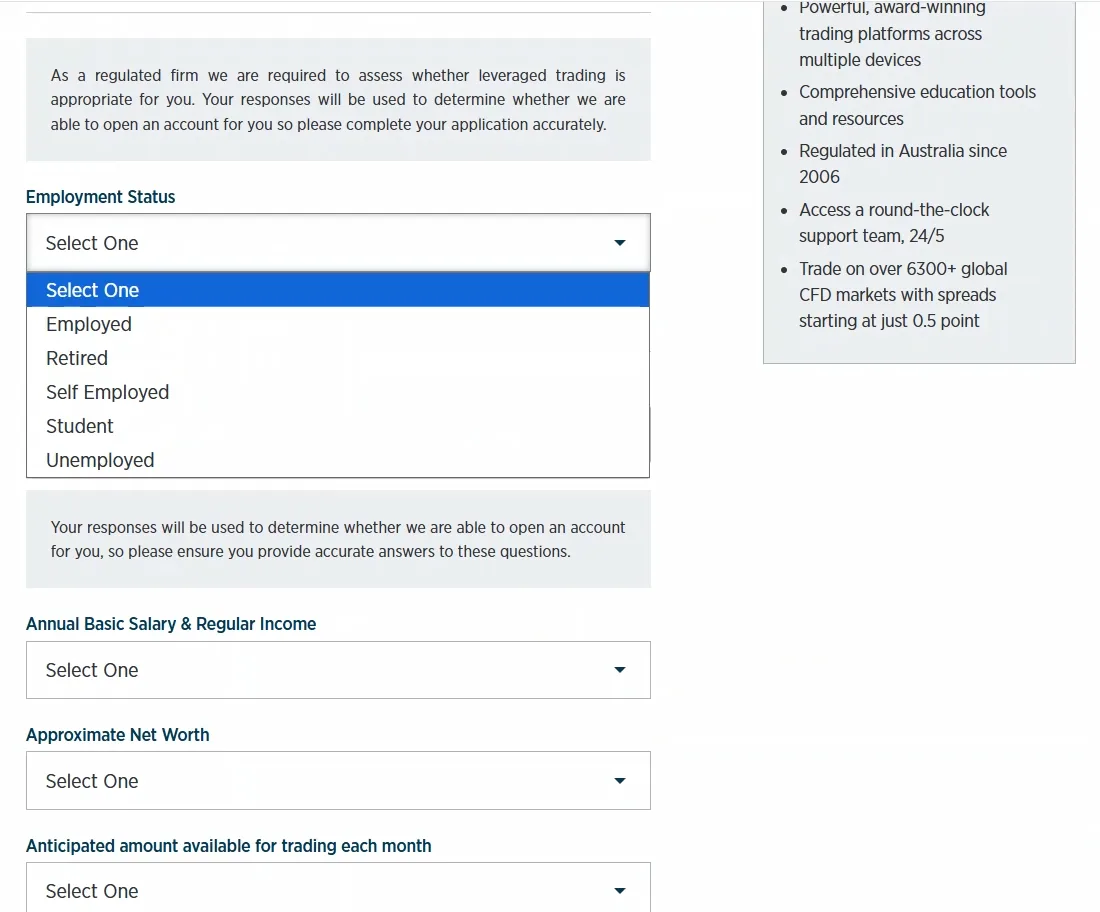 Open employment dropdown listing five statuses, with income, net worth and monthly trading amount questions below.