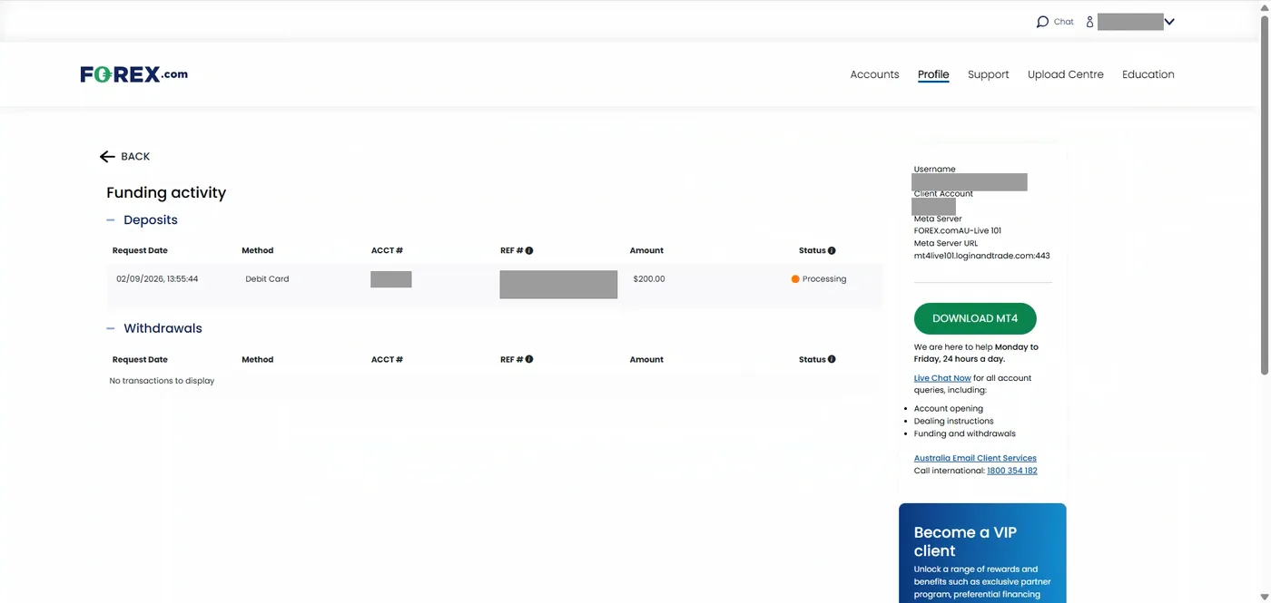 Funding activity table showing a $200.00 debit card deposit with Processing status and no withdrawals to display.