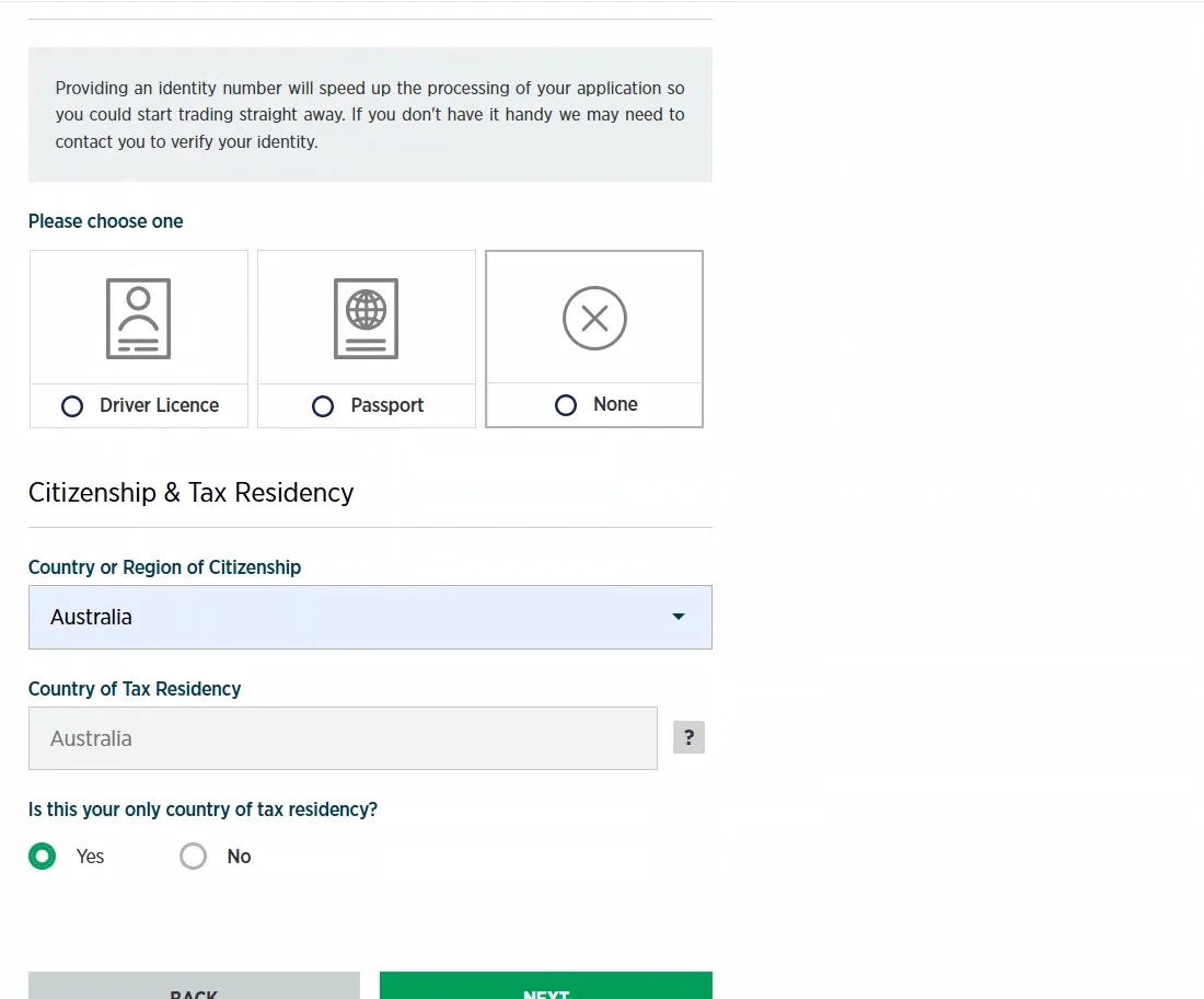 Application screen offering Driver Licence, Passport and None tiles, with citizenship and tax residency set to Australia.