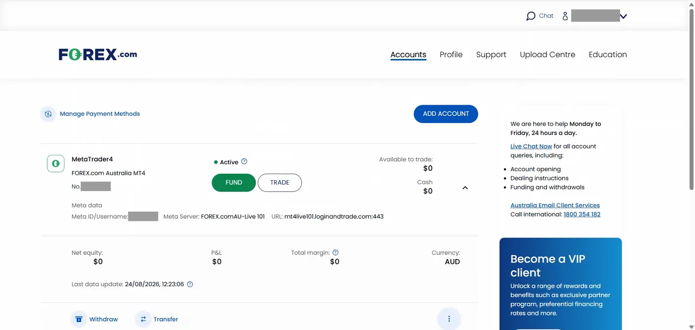 Client portal Accounts page showing the Active MetaTrader4 card with zero balances and the FOREX.comAU-Live 101 server details.