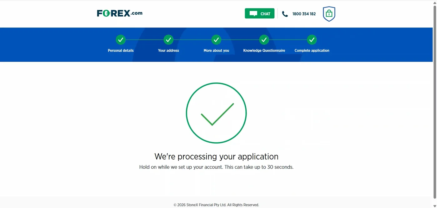 All five application stages ticked beside a large green tick and a message that account setup can take up to 30 seconds.