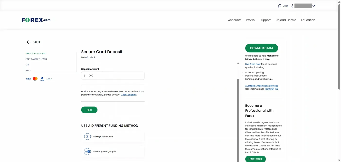 Secure Card Deposit form showing a $200 deposit amount, a processing notice and a Professional Client information panel.