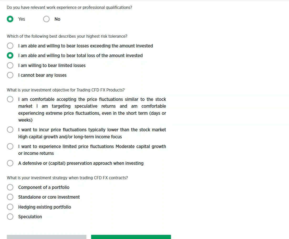 Suitability questionnaire with experience, risk tolerance, objective and strategy questions, several options visibly selected.