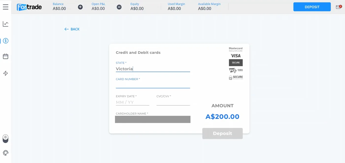 Credit and debit card deposit form showing state Victoria, empty card number, expiry and CVC fields, amount A$200.00 and security badges.
