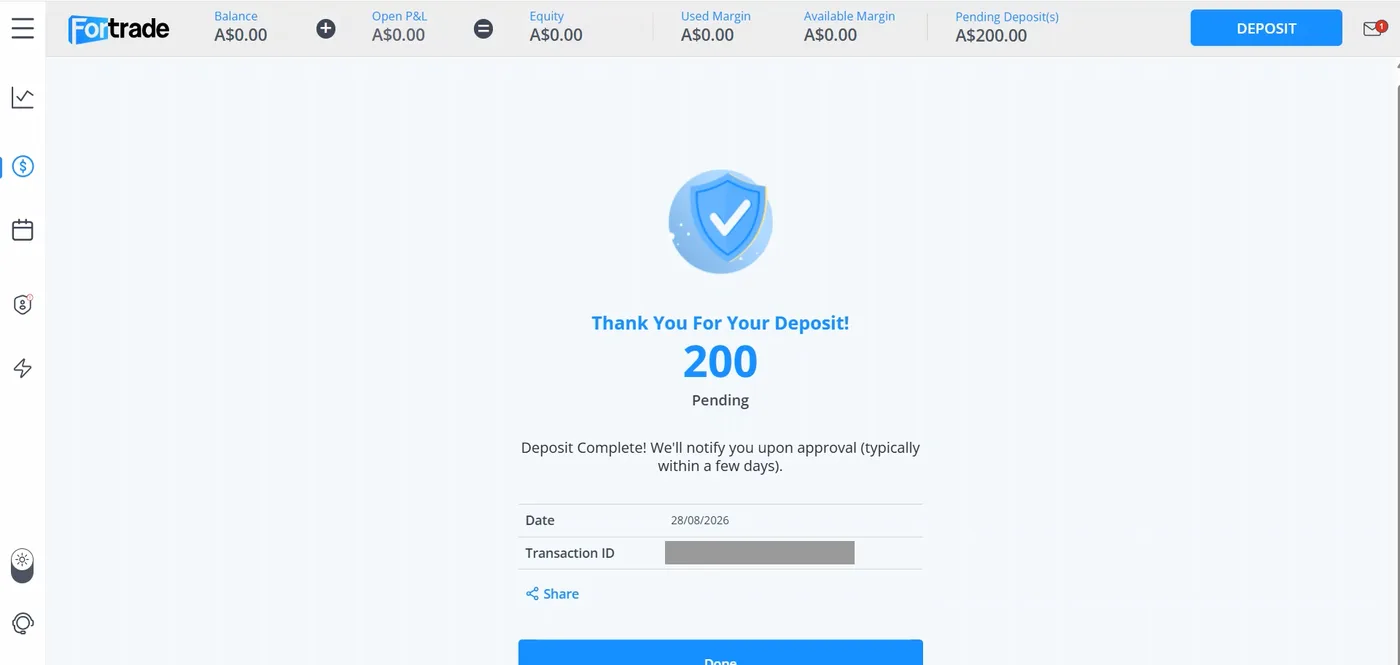 Deposit confirmation screen with a shield and tick graphic, the word Pending, a transaction ID row, date 28/08/2026 and a Done button.