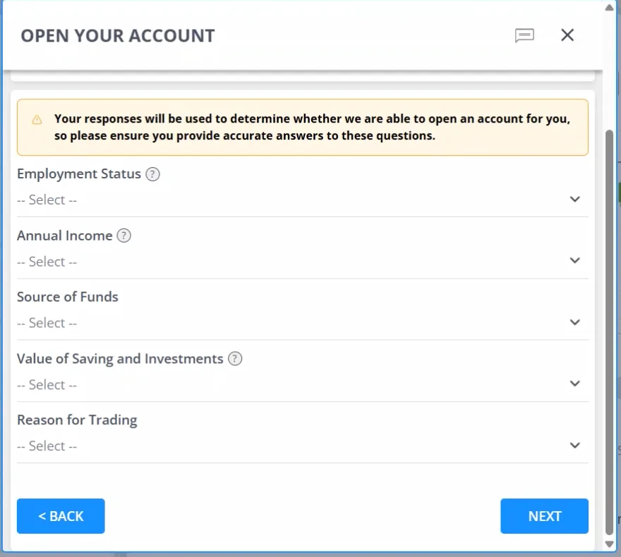 Financial Info step with five dropdown questions, each showing Select, beneath a warning that responses determine whether an account can be opened.
