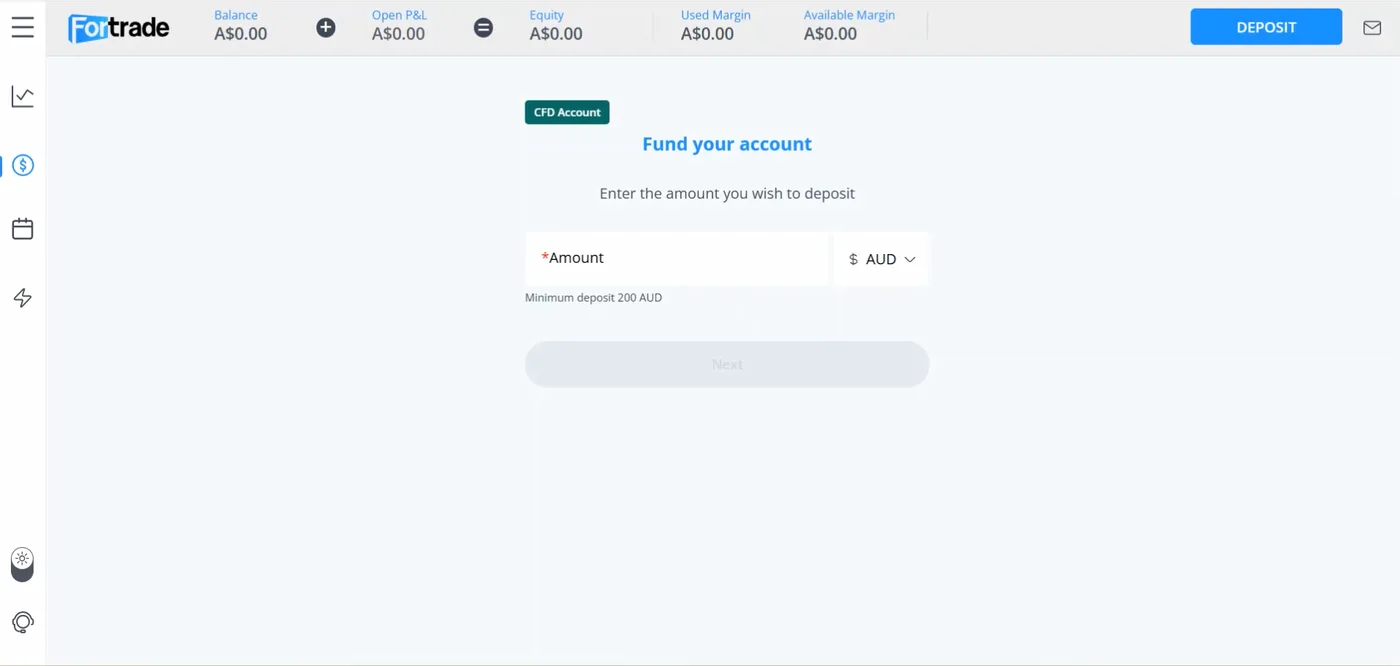 Fund your account screen showing an empty AUD amount field, a 200 AUD minimum deposit note, a greyed Next button and a zero balance header.
