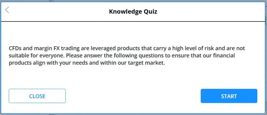 Knowledge Quiz modal explaining that leveraged products carry a high level of risk and are not suitable for everyone, with Close and Start buttons.