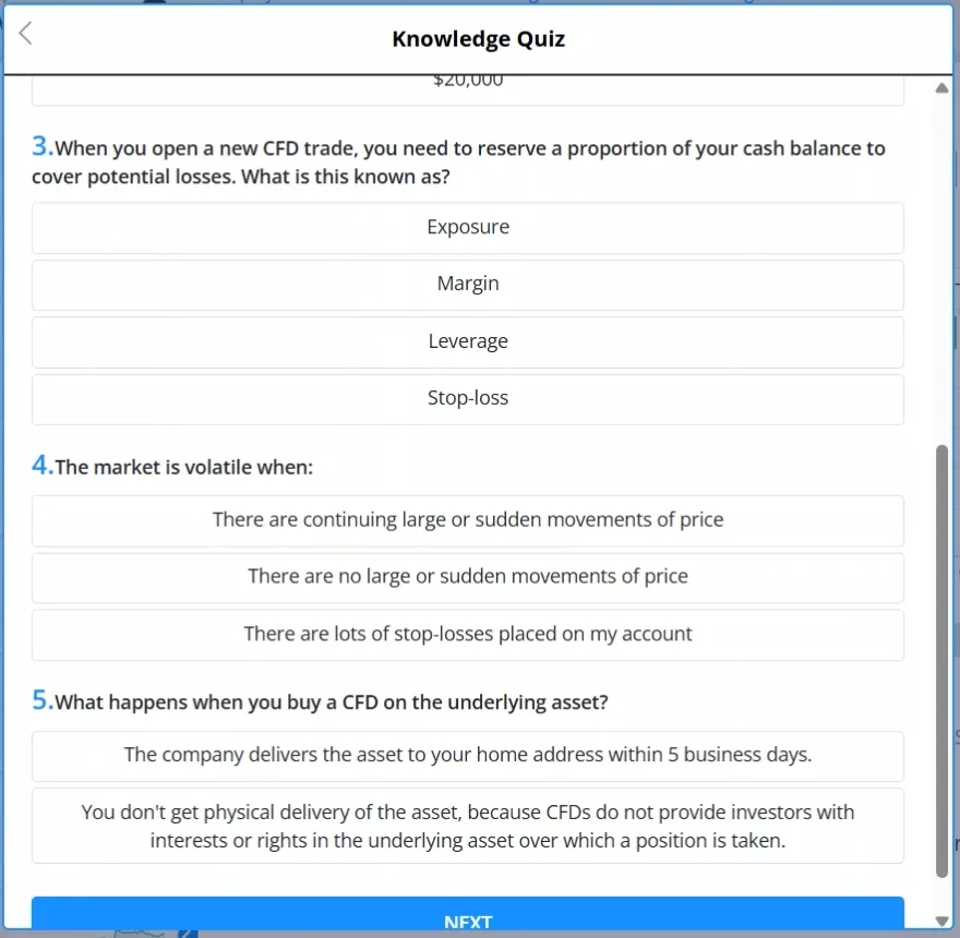 Three quiz questions about reserved cash, market volatility and CFD ownership, with answer options including one about physical delivery, plus a Next button.