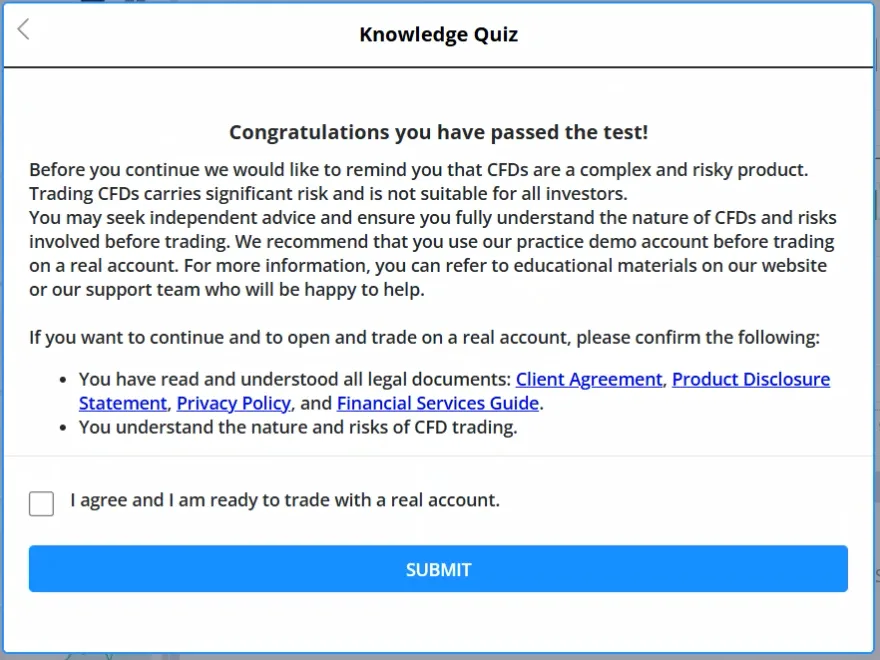 Congratulations screen confirming legal documents were read and CFD risks understood, with an unticked real trading checkbox and a Submit button.