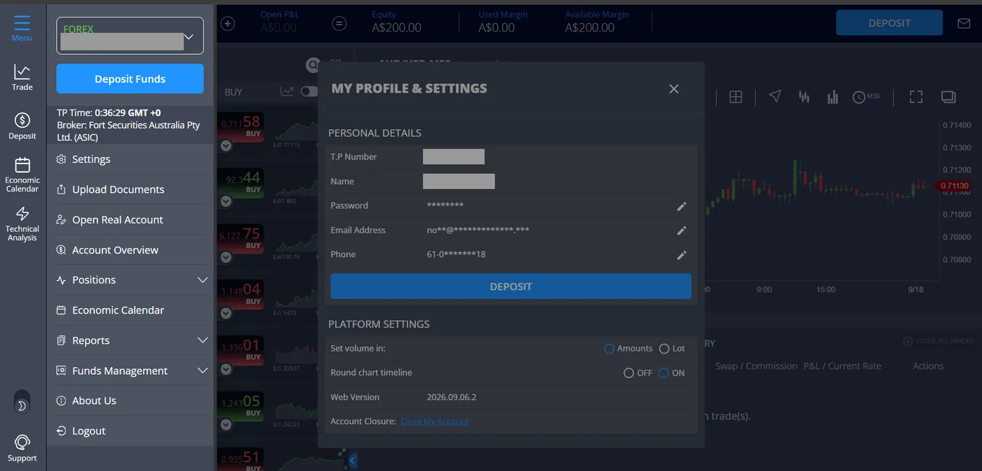 Profile and settings modal on a dark theme showing masked name, email and phone details, deposit button, web version number and account closure option.