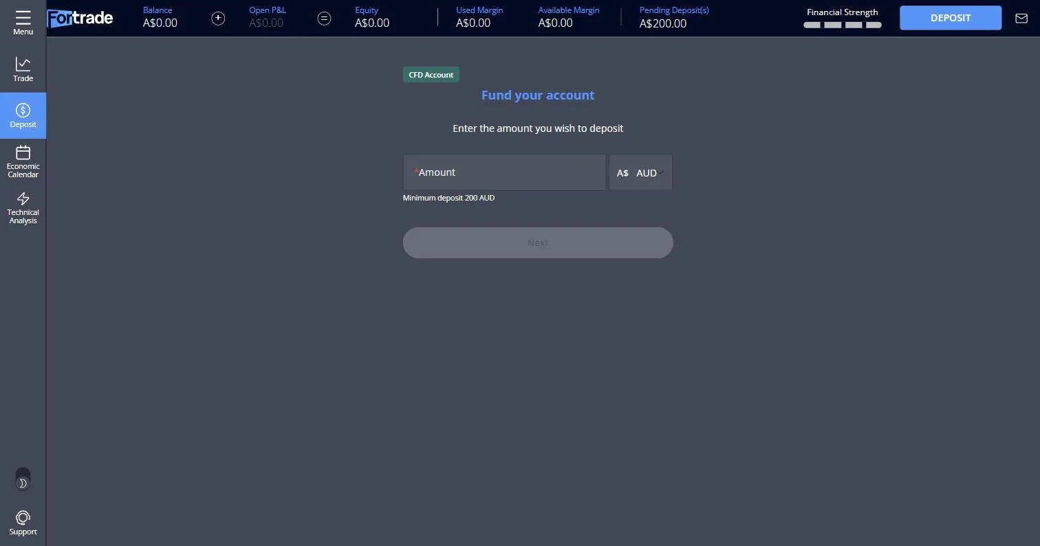Fortrade deposit screen inside the real Australian account stating Minimum deposit 200 AUD against an A dollar denominator