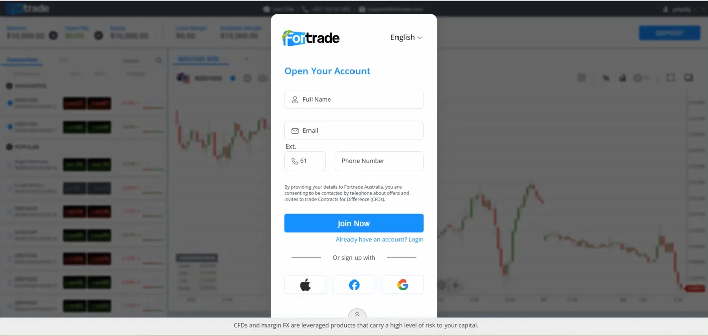 Open Your Account form with name, email and phone fields, a Join Now button and a leveraged products footer.