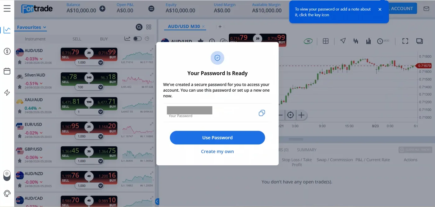 Demo trading platform with a demo balance of A$10,000.00 in the header, watchlist and AUD/USD chart, plus a modal offering a ready-made password.