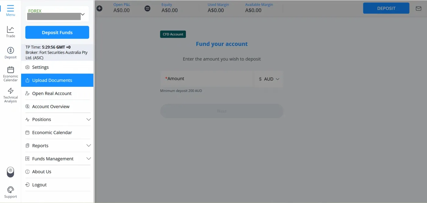 Platform side menu showing an account selector, Deposit Funds button, broker name Fort Securities Australia Pty Ltd. (ASIC) and a highlighted Upload Documents entry.