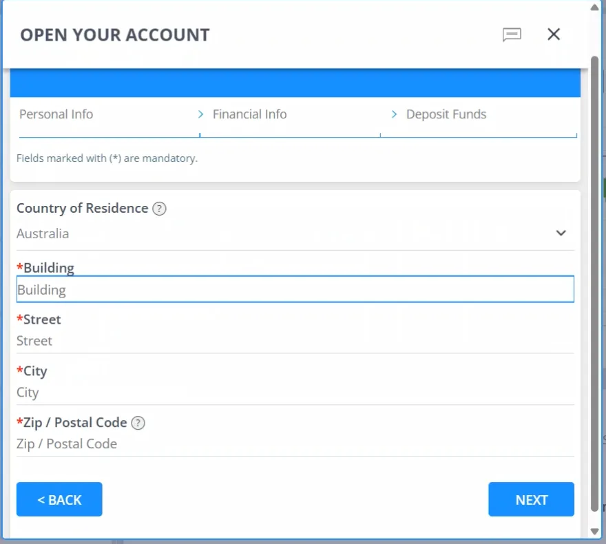Open Your Account modal at the Personal Info step showing Country of Residence set to Australia and empty address fields with mandatory asterisks.