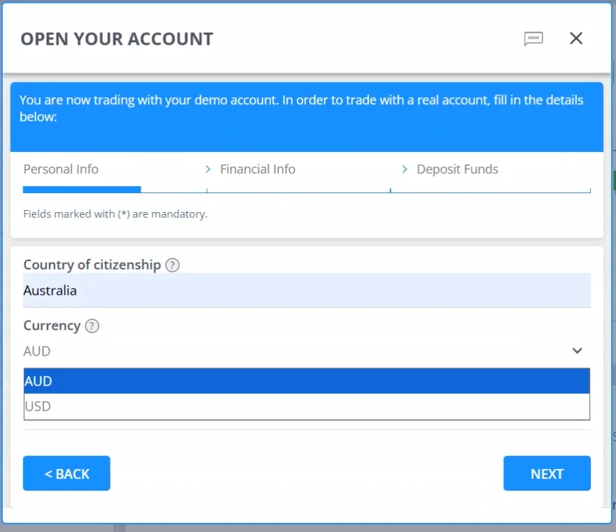 Account opening modal showing Country of citizenship set to Australia and an open currency dropdown listing AUD and USD as the only options.