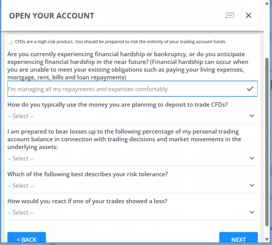Suitability questionnaire listing questions about financial hardship, typical use of deposited money, loss tolerance and reaction to losing trades.