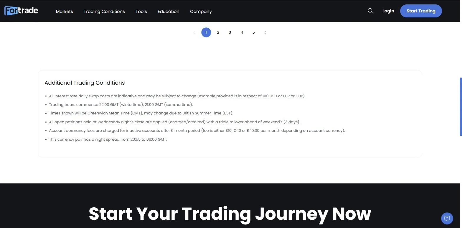 Fortrade Additional Trading Conditions block listing six footnotes, the fifth covering account dormancy after 6 months and the sixth stating a night spread from 20:55 to 06:00 GMT