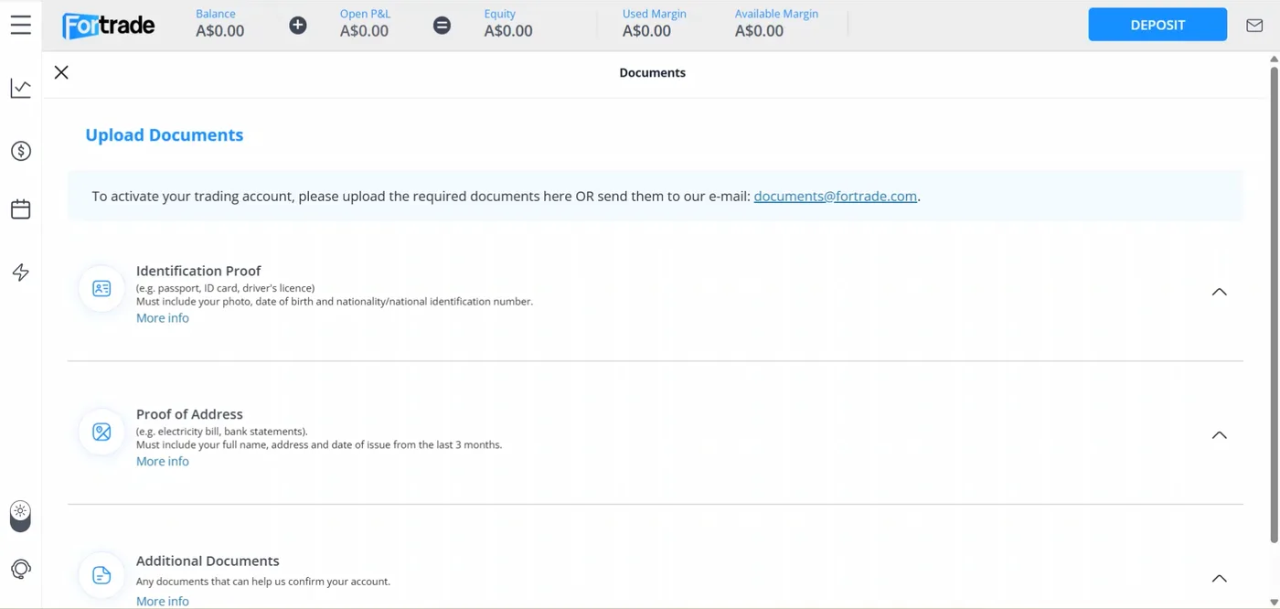 Upload Documents page listing identification proof requirements, address document requirements from the last three months, additional documents and an email address for submissions.