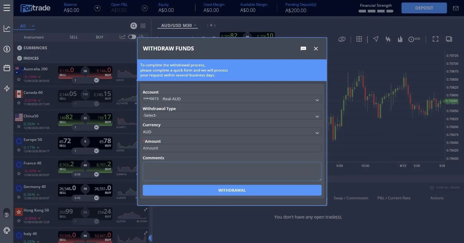 Fortrade withdrawal panel showing account, withdrawal type, currency AUD, amount and a free-text comments field, with no fee, minimum or processing time stated