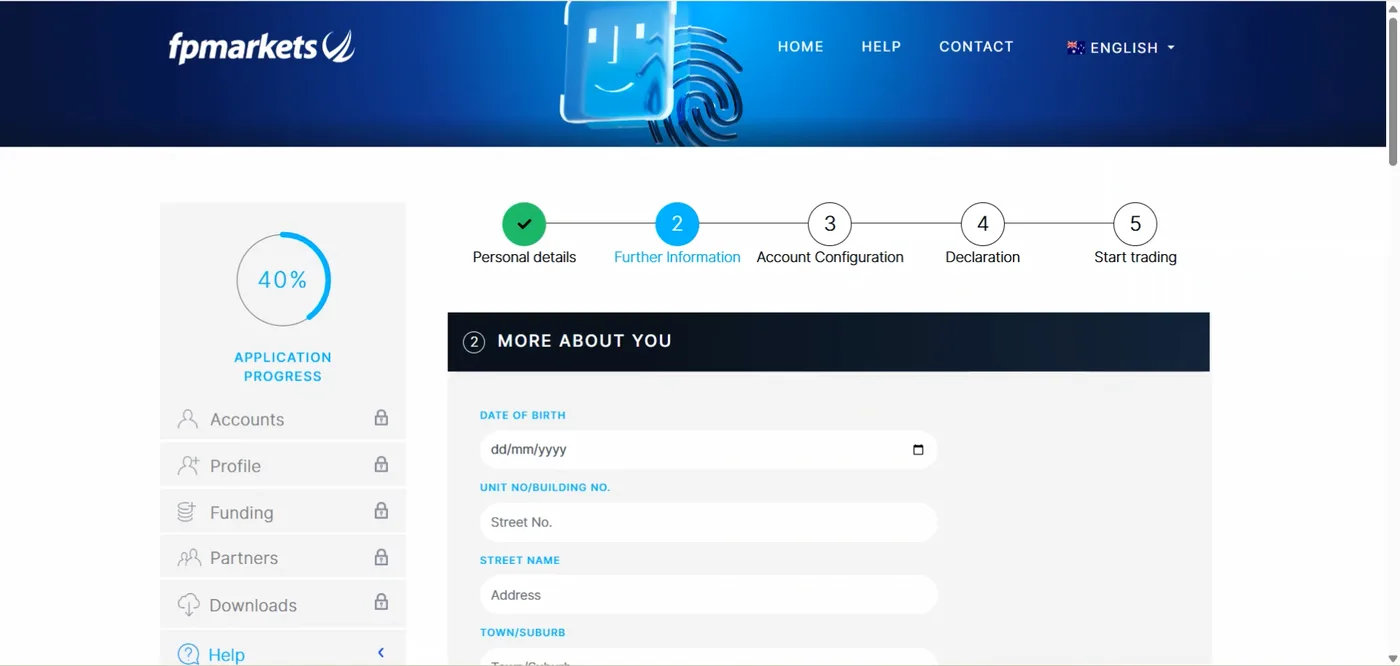 Portal page titled More About You requesting date of birth and street address fields under a five stage progress bar.