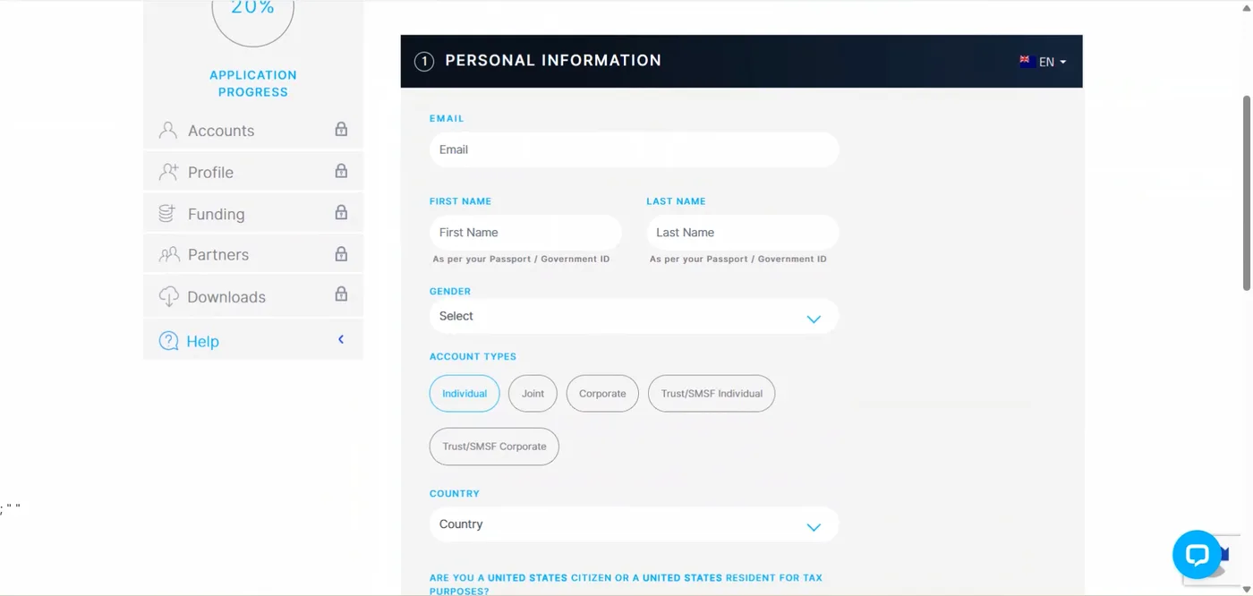 Application form for personal information showing individual and corporate account type tiles, contact fields and a 20% progress gauge.