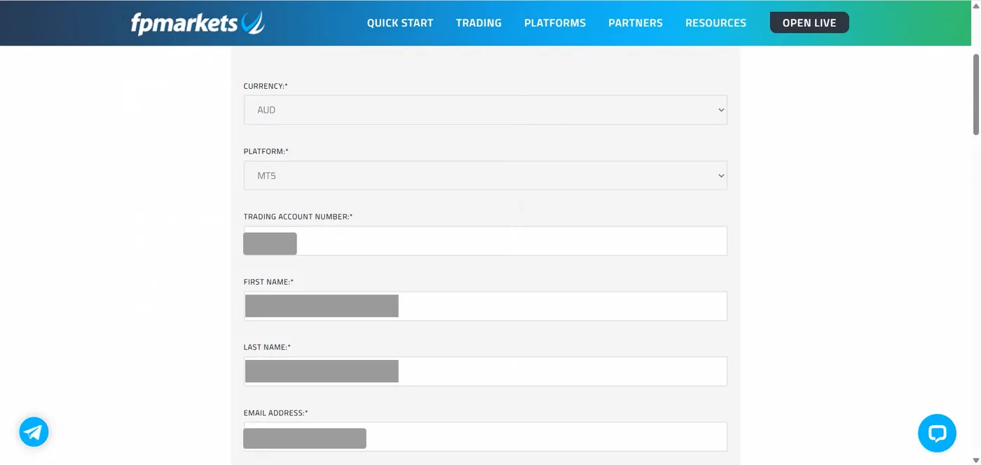 OPEN LIVE page listing currency AUD, platform MT5, trading account number, first name, last name and email address with several fields covered.