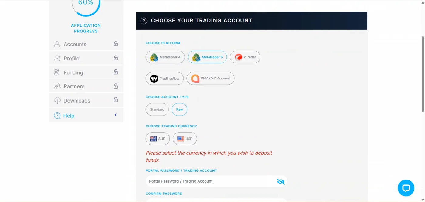 Account configuration screen with platform tiles, standard and raw account types and AUD plus USD currency choices.