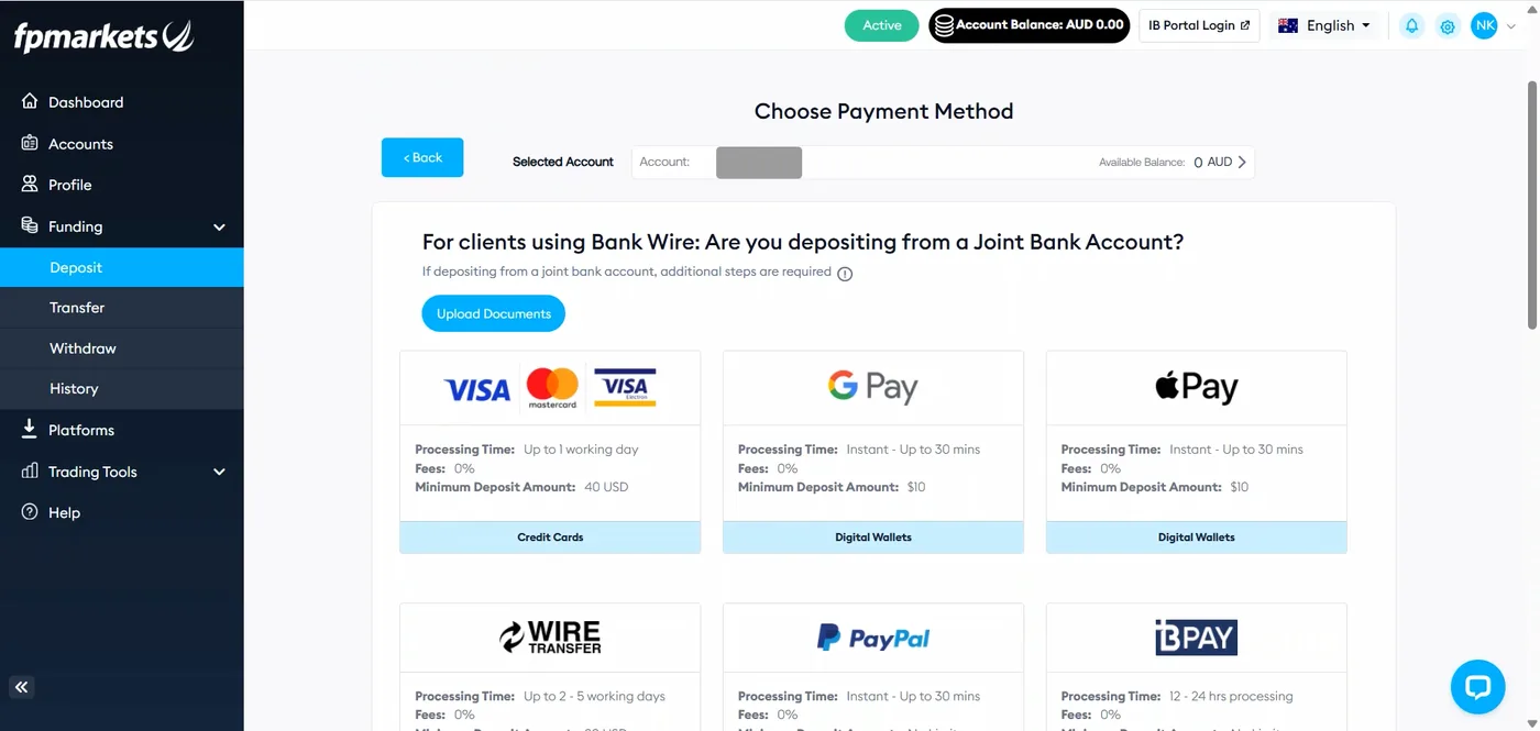 Payment method tiles comparing cards, digital wallets, PayPal, BPAY and wire transfer with processing times, fees and minimum amounts.