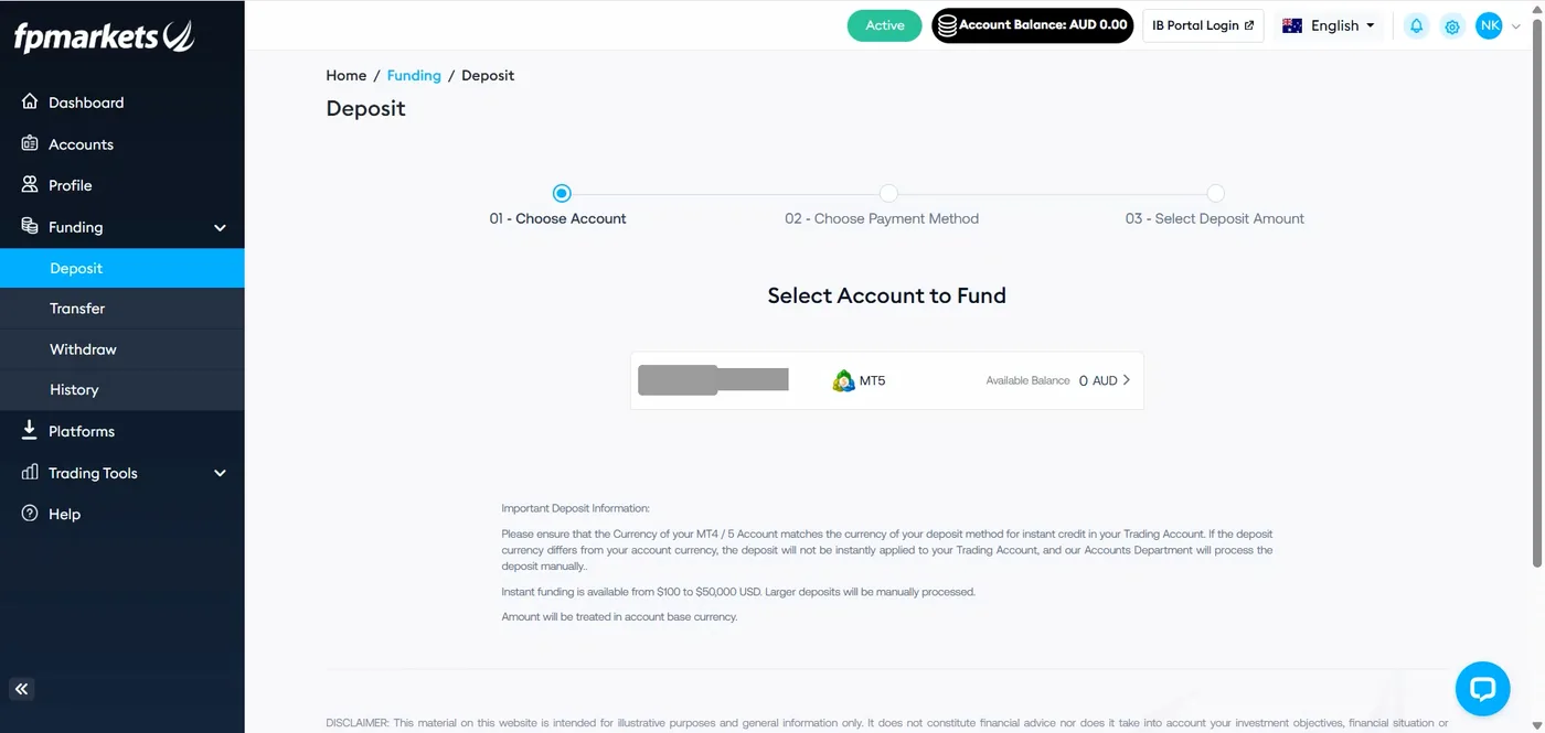 Deposit page with three steps, the MT5 account selected at zero balance, and deposit information about currency matching and funding limits.