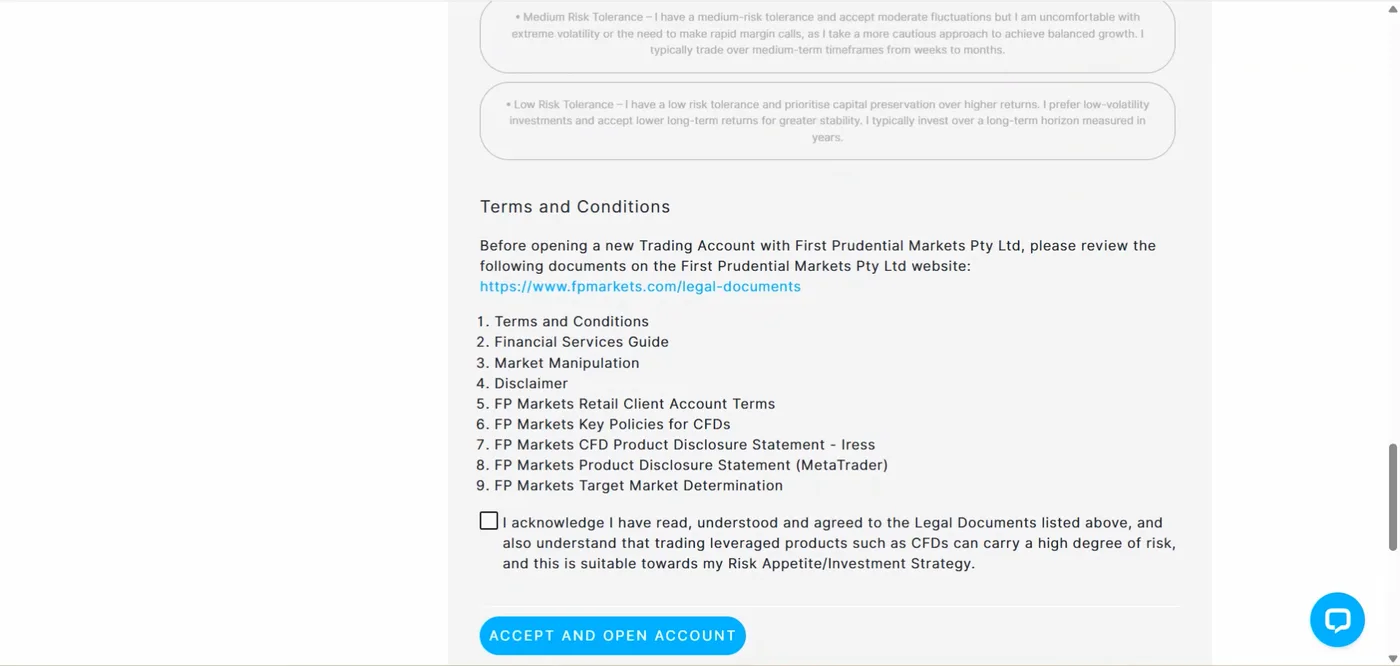 Declaration page listing nine numbered legal documents with an unticked acknowledgement checkbox and an accept and open account button.