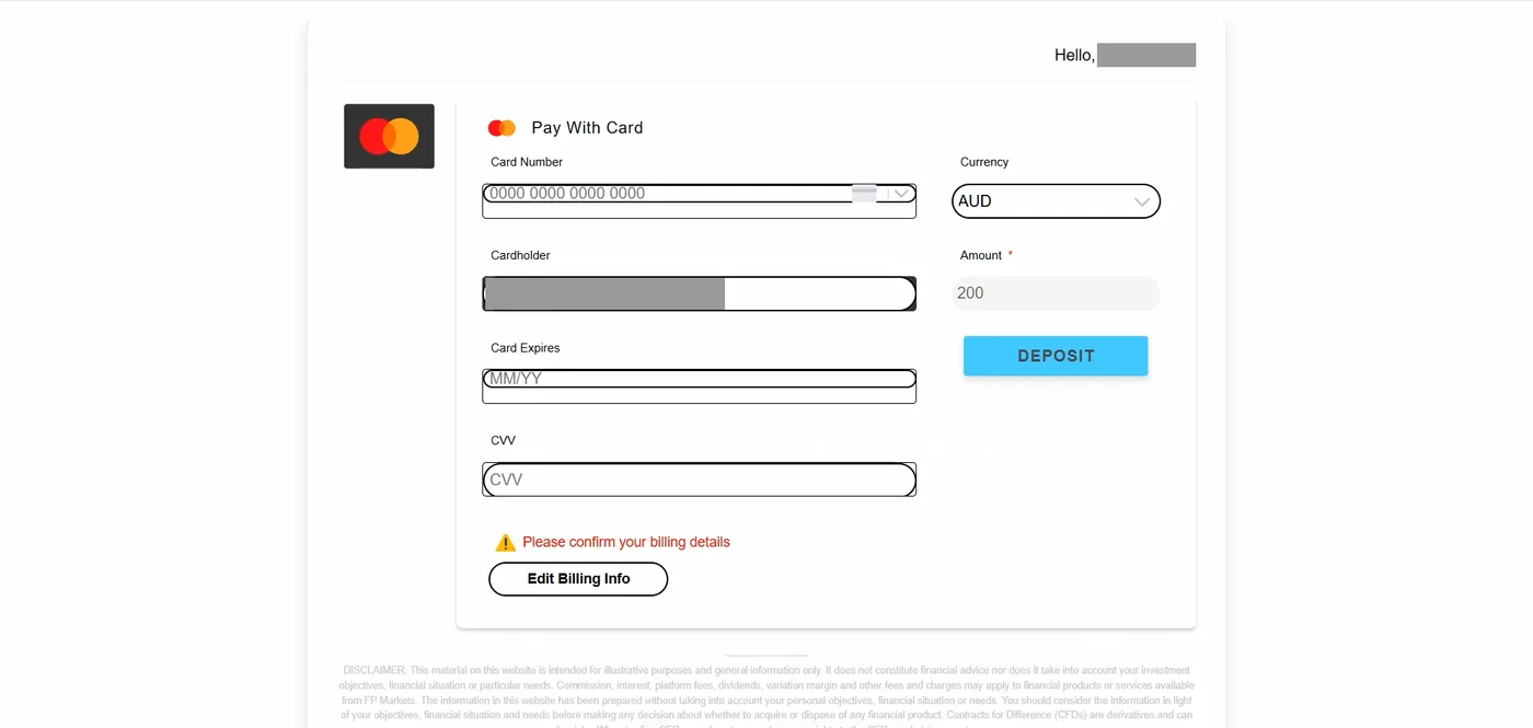 Pay With Card page with Mastercard branding, card fields, currency AUD, amount 200, deposit button and a billing details warning.