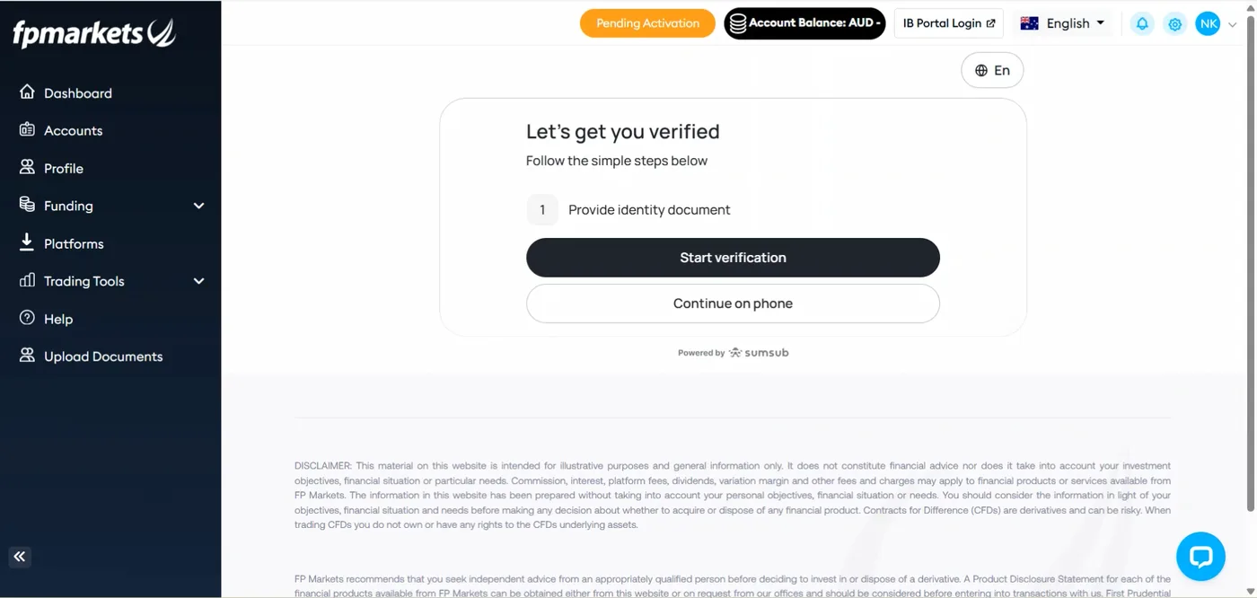 Client portal dashboard with a pending activation pill, verification steps and start verification plus continue on phone buttons.