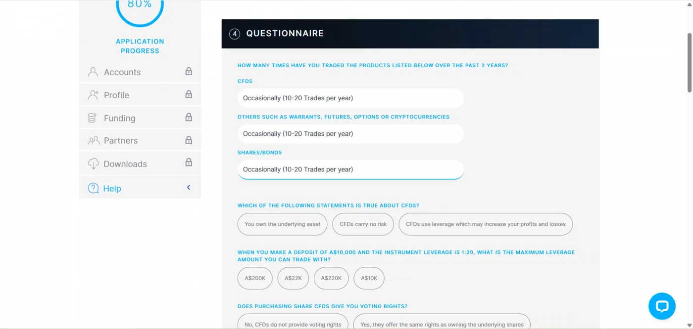 Suitability questions on trading experience, leverage calculations and voting rights for share CFDs with multiple choice options.